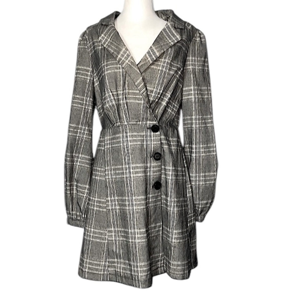 Free People Anna Plaid Mini Dress long blazer jacket black white NWOT